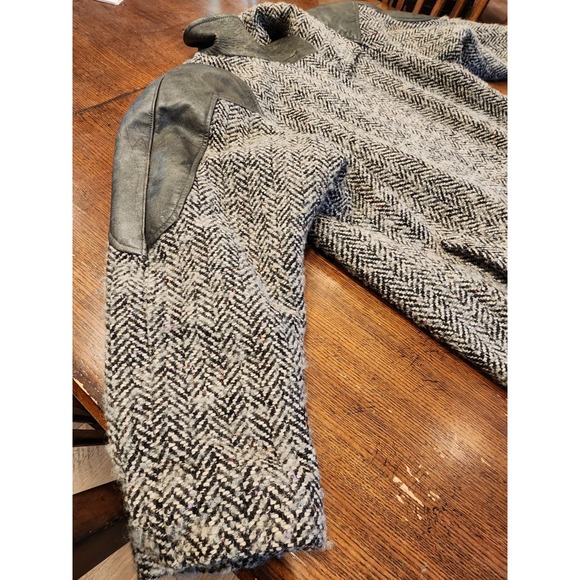 1980s VTG WOMENS THICK WOOL & LEATHER COAT SHOULDER PADS HIDDEN BUTTONS RETRO - Picture 4 of 13